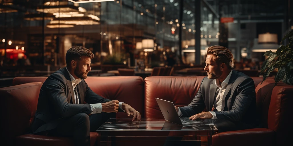 two men sitting on a couch looking at a laptop