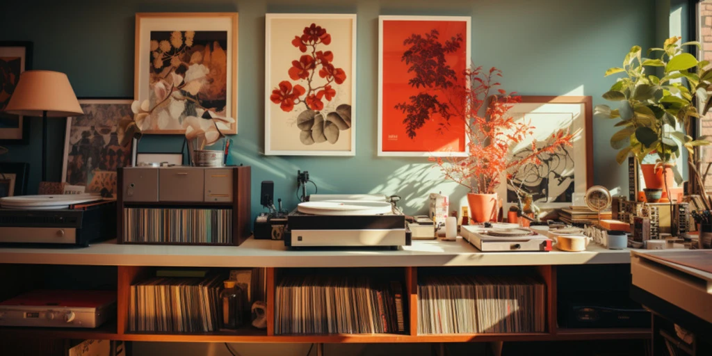 a record player on a shelf with art and pictures on the wall