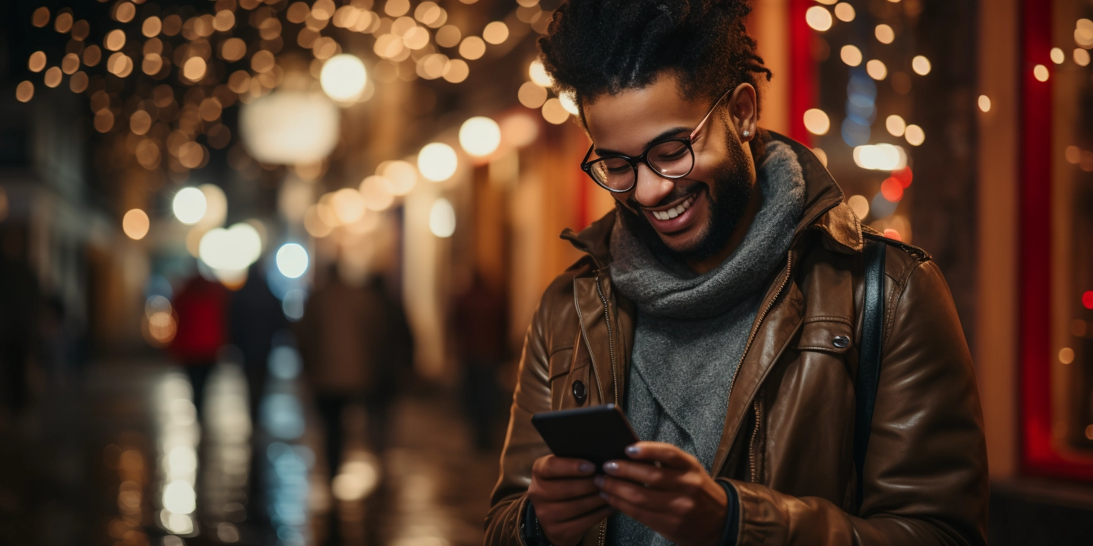 a person smiling at his phone