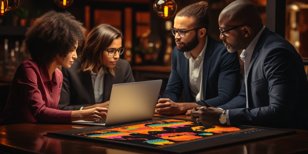 a group of people looking at a laptop