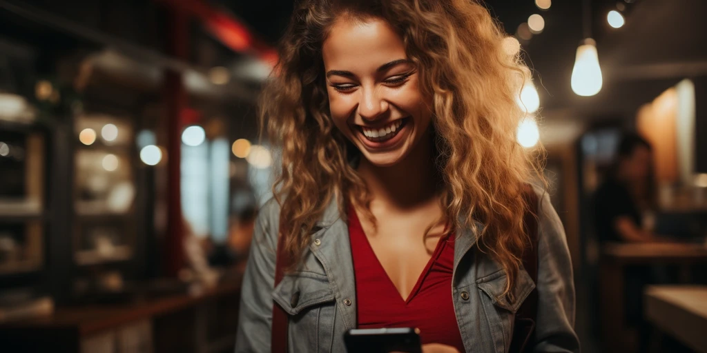 a person smiling at her phone