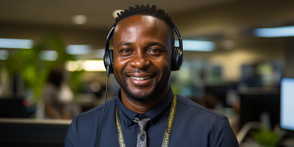 a person wearing headphones and smiling