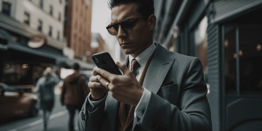  a person in a suit and tie looking at a cellphone
