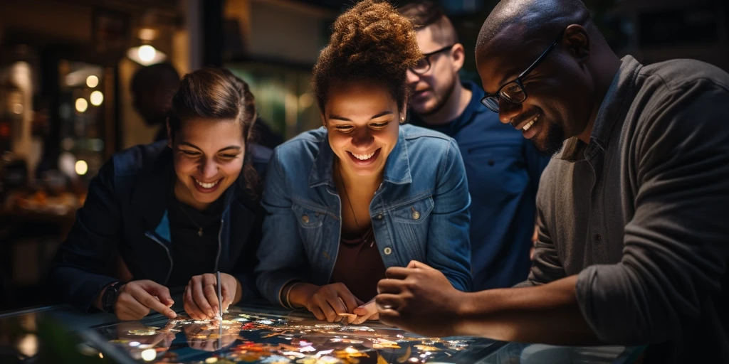 a group of people looking at a piece of paper