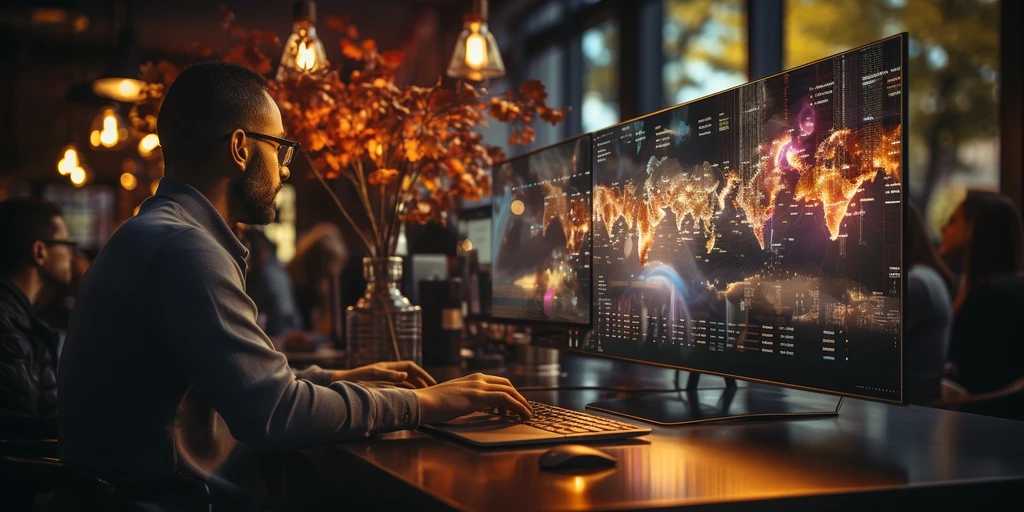 a person sitting at a desk with two monitors