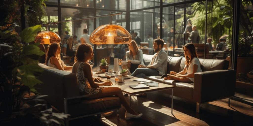 a group of people sitting around a table