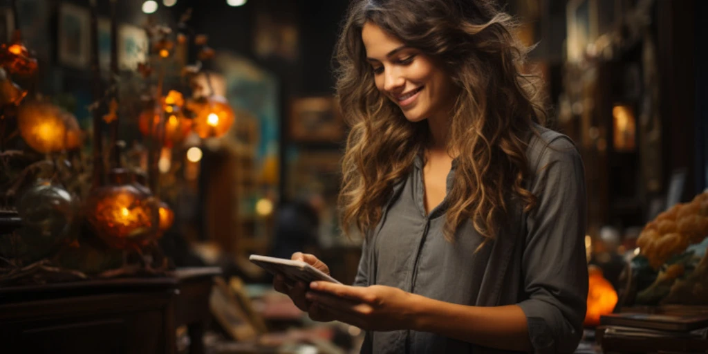 a person smiling while holding a tablet