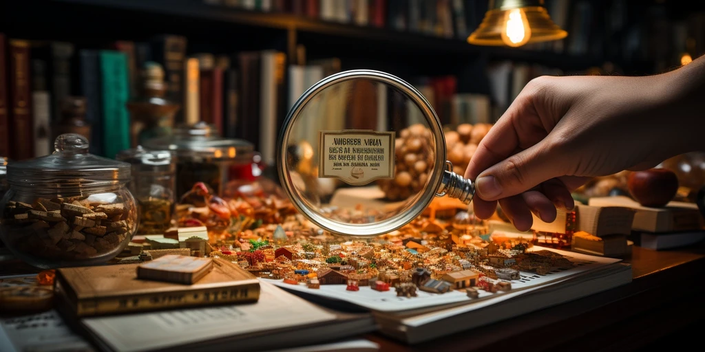 a hand holding a magnifying glass over a small model town