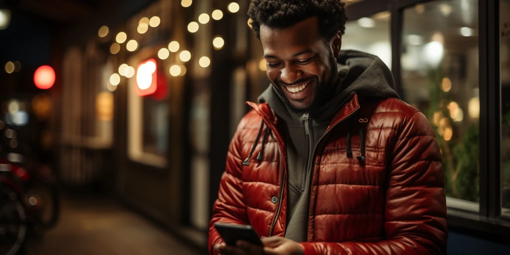 a person smiling at his phone