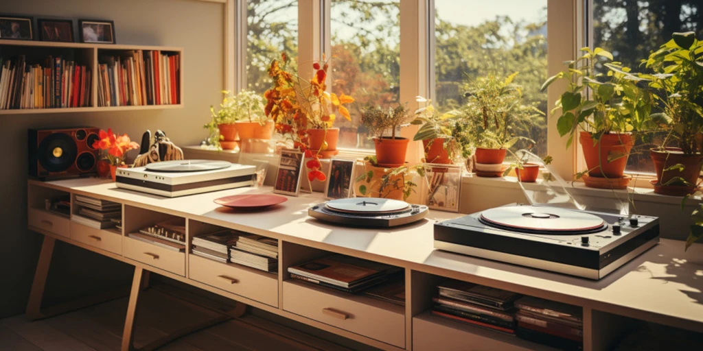 a room with a record player and plants