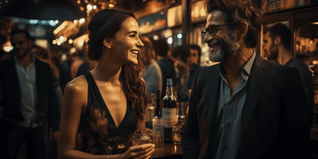 a person and person sitting at a table with bottles and bottles