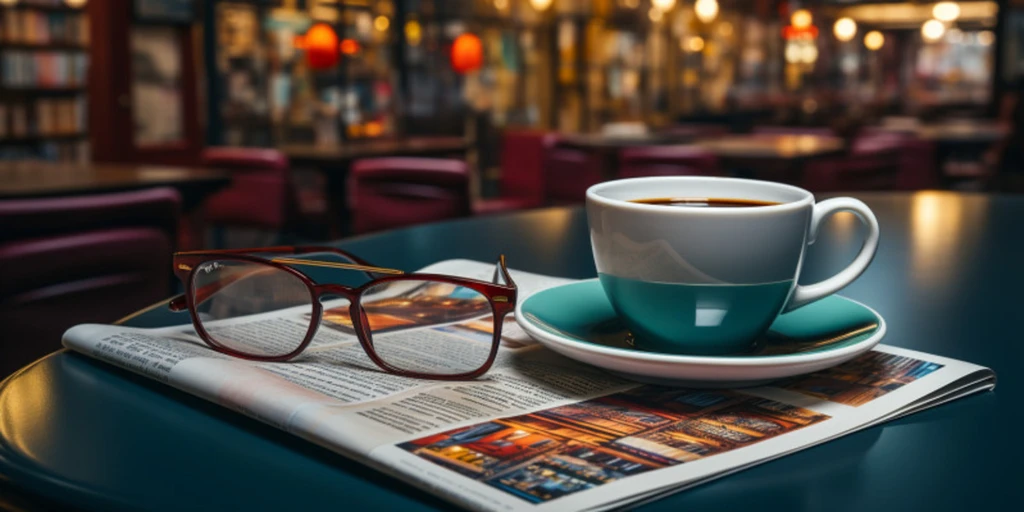 a cup of coffee and glasses on a newspaper
