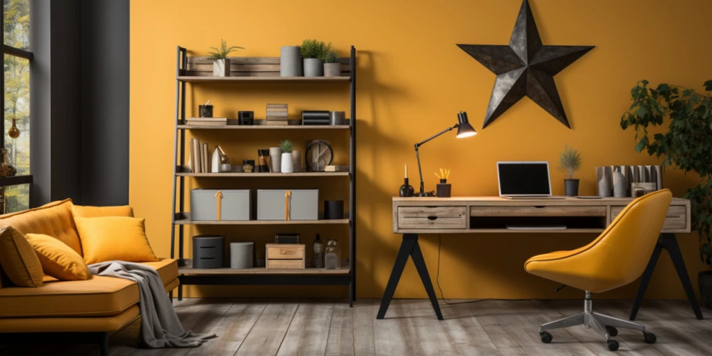 a person standing in front of a desk and a shelf with a star on the wall