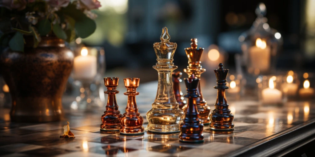a chess board with a queen and pawns