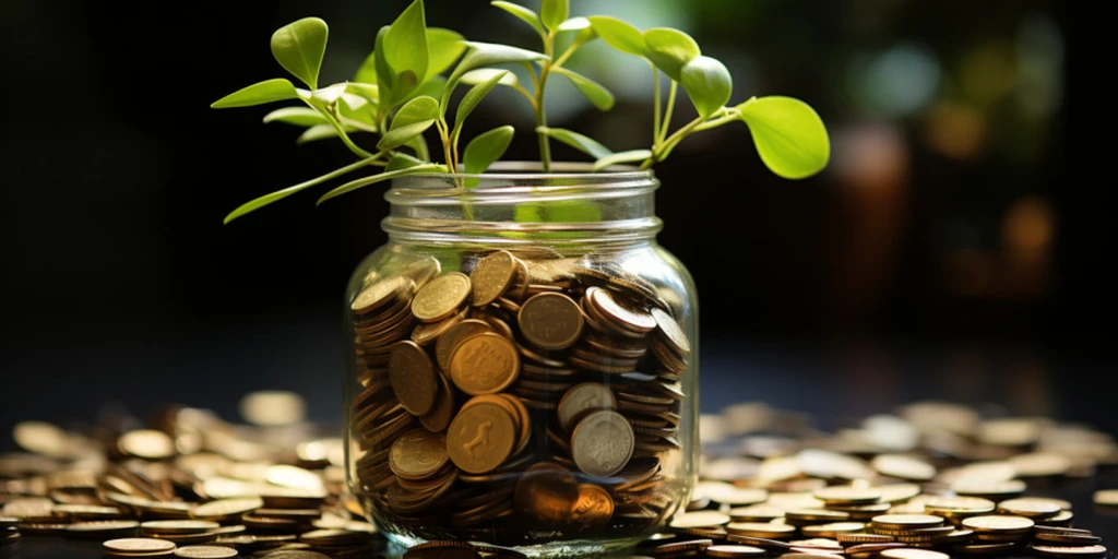 a jar of coins with a plant growing out of it