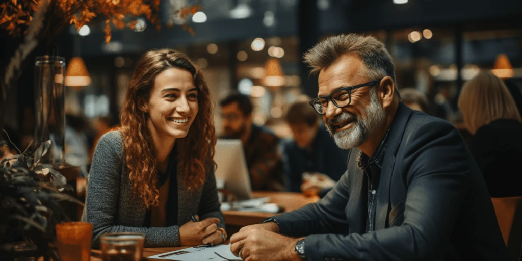 a person and person sitting at a table