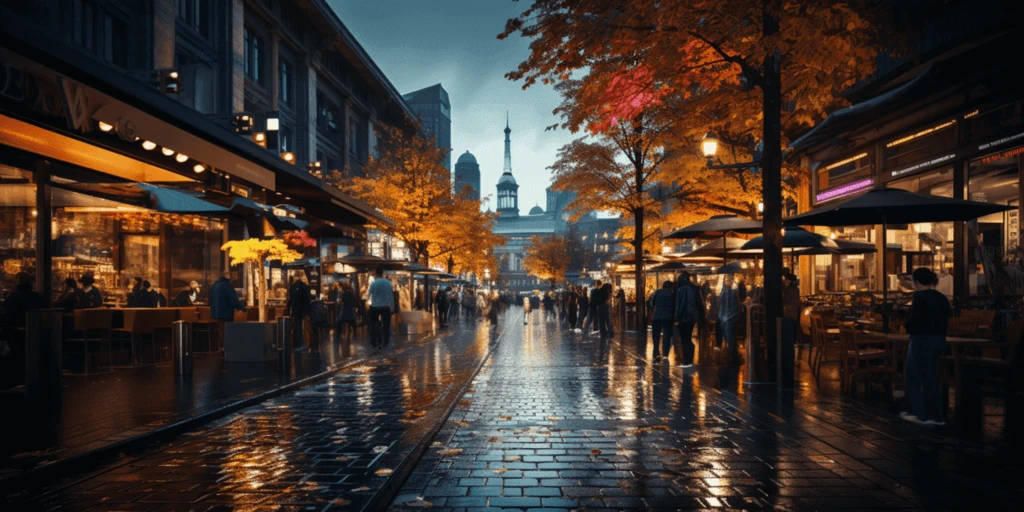 a wet street with people walking on it