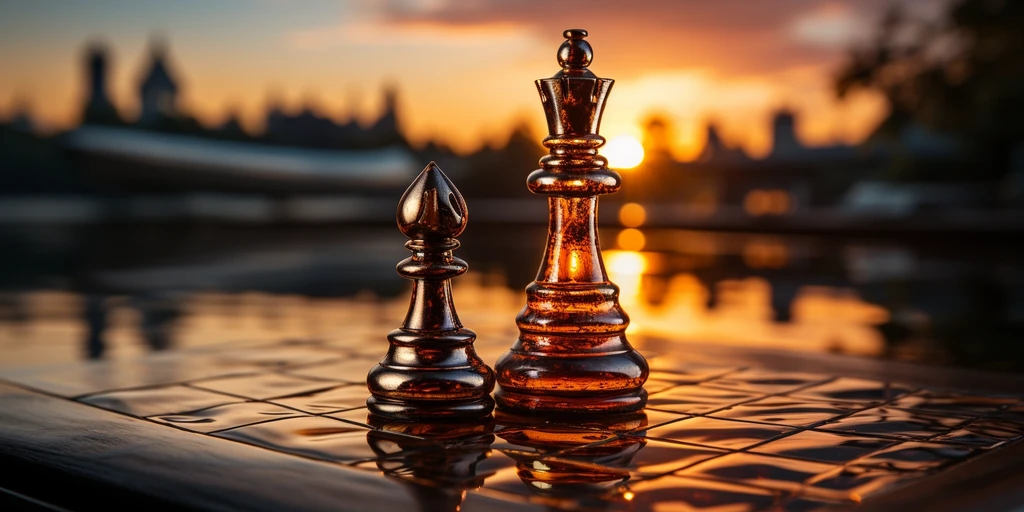 a chess board with a sunset in the background