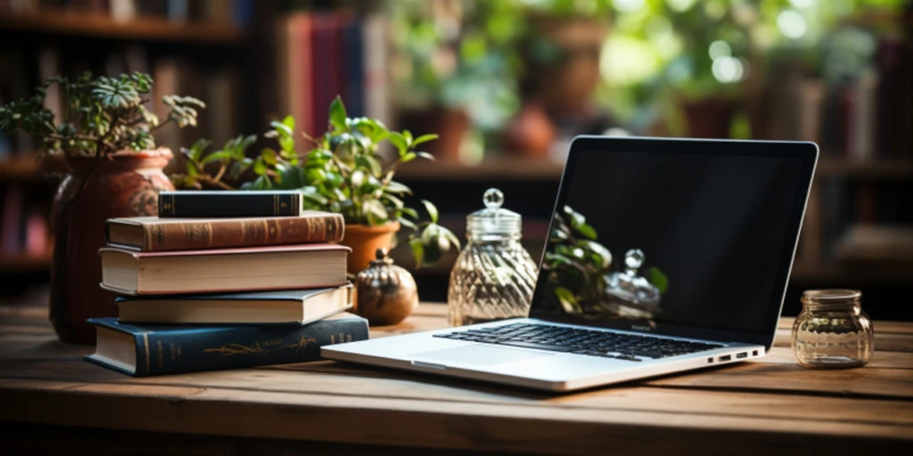 a laptop on a table with books and potted plants