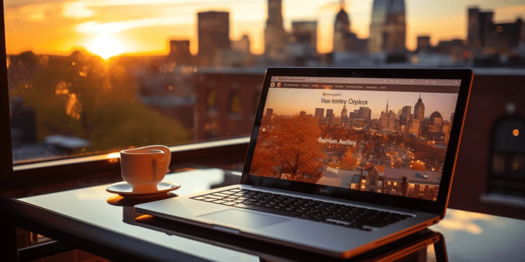 a laptop on a table with a cup of coffee